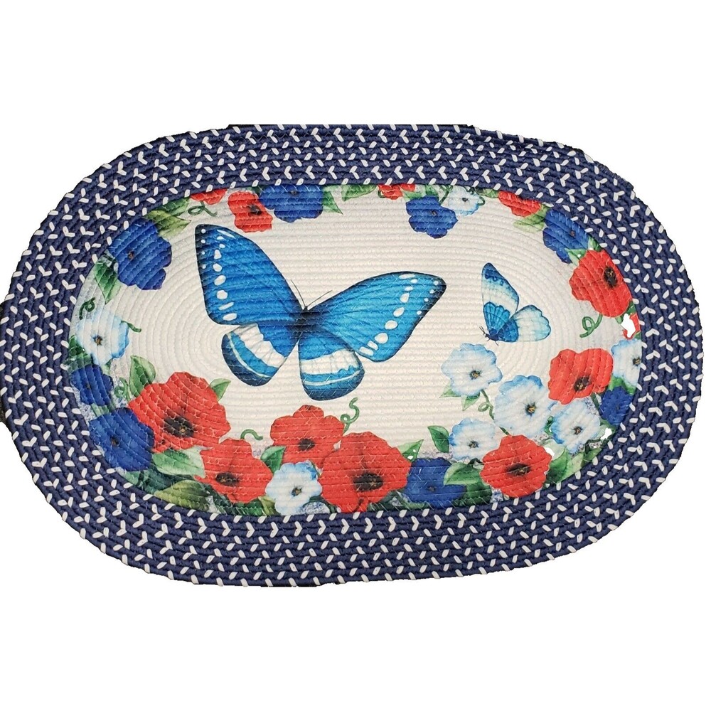 Oval Braided Kitchen Accent Rug (20" x 30") PATRIOTIC BUTTERFLIES & FLOWERS